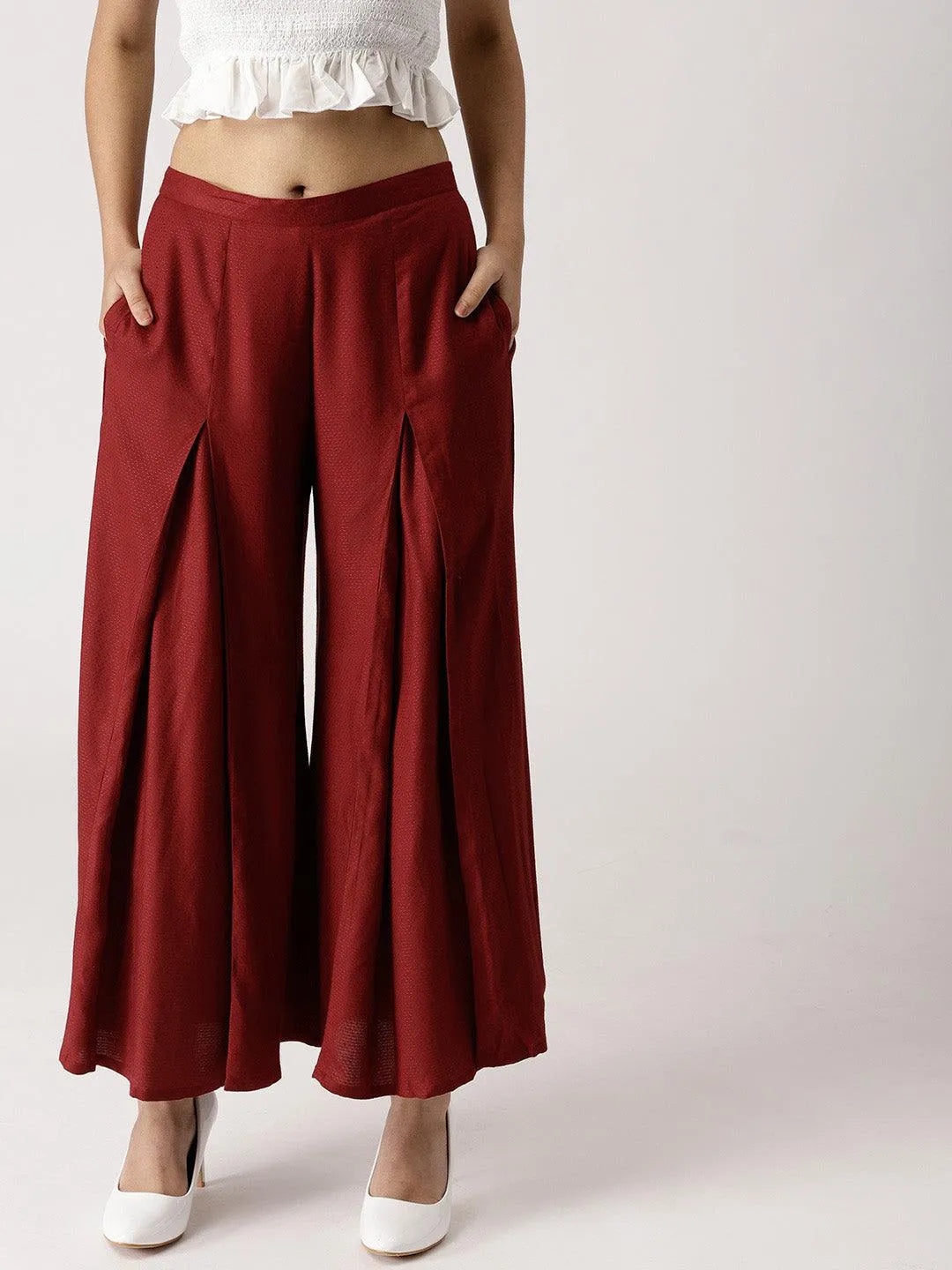 Maroon Solid Rayon Palazzos - Jashvi