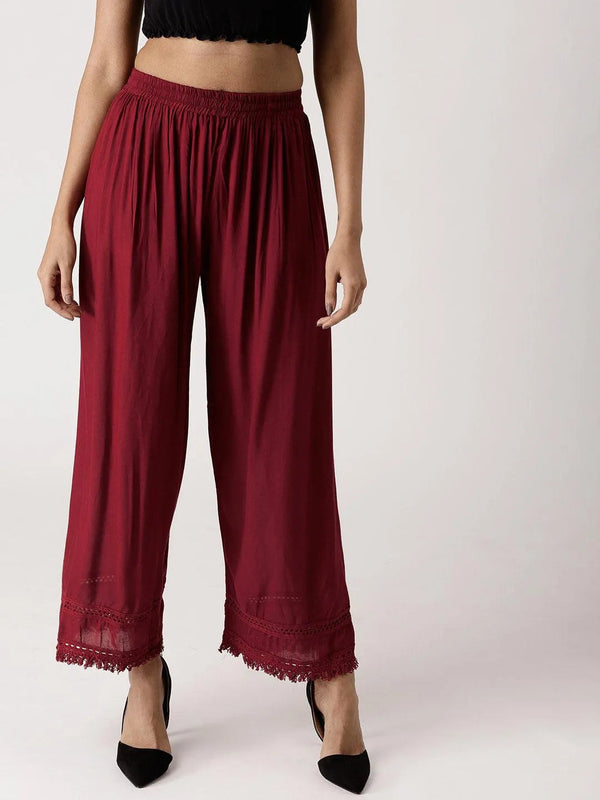 Maroon Solid Rayon Palazzos - Jashvi