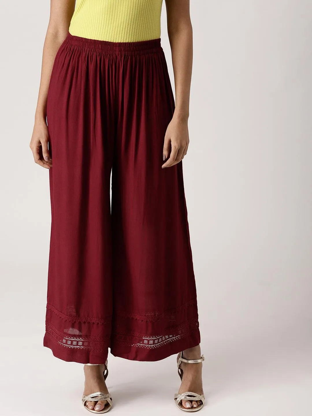 Maroon Solid Rayon Palazzos - Jashvi