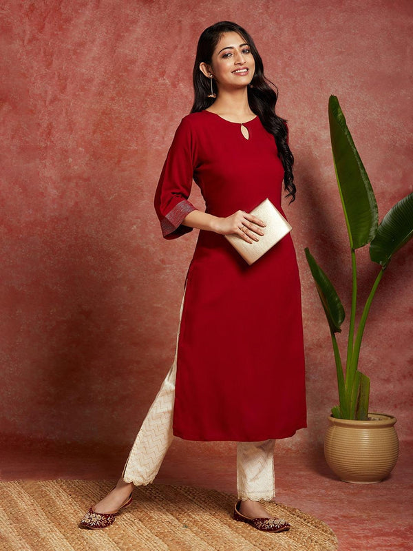 Maroon Solid Rayon Straight Kurta - Jashvi