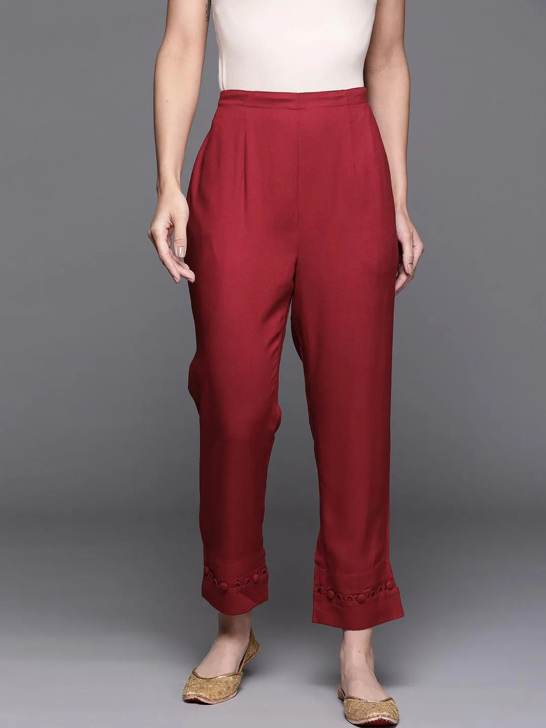 Maroon Solid Rayon Trousers - Jashvi