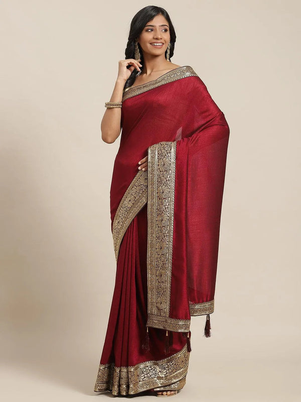 Maroon Solid Silk Blend Saree - Jashvi