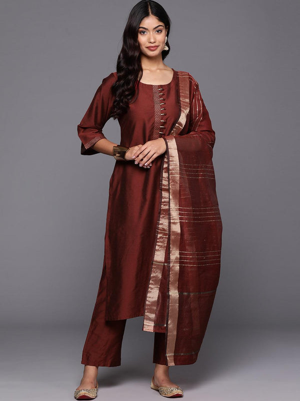 Maroon Solid Silk Blend Straight Kurta With Trousers & Dupatta - Jashvi