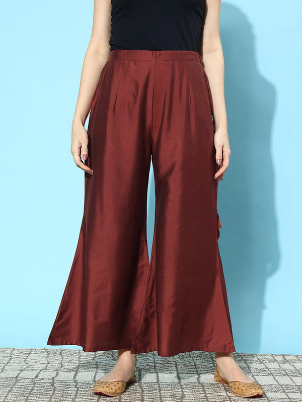 Maroon Solid Silk Palazzos