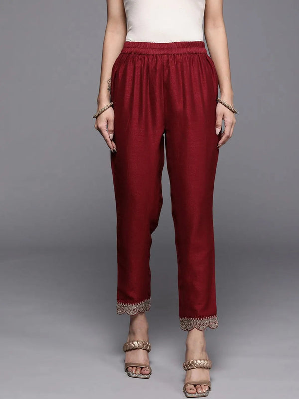 Maroon Solid Silk Trousers - Jashvi