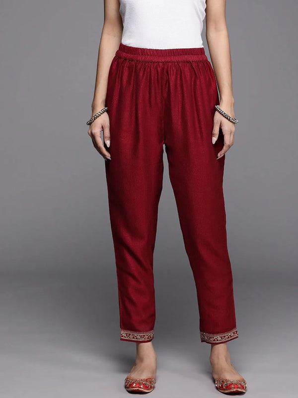 Maroon Solid Silk Trousers - Jashvi