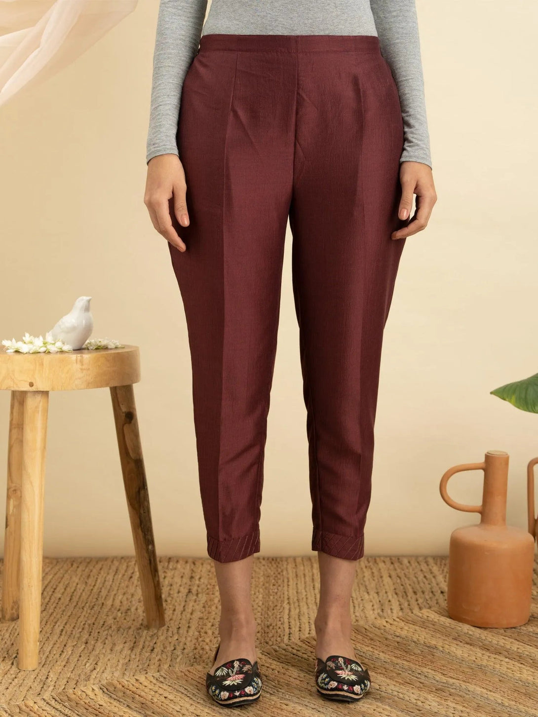 Maroon Solid Silk Trousers - Jashvi