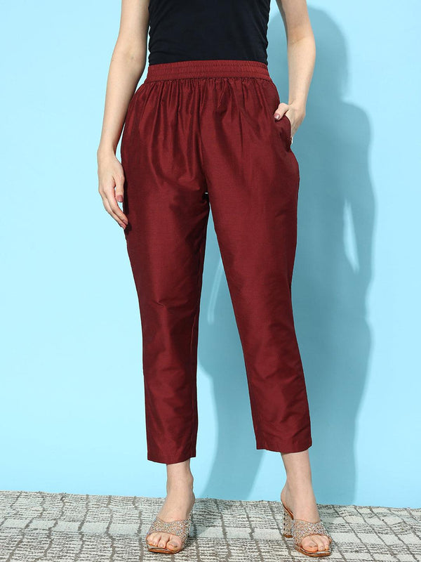 Maroon Solid Silk Trousers