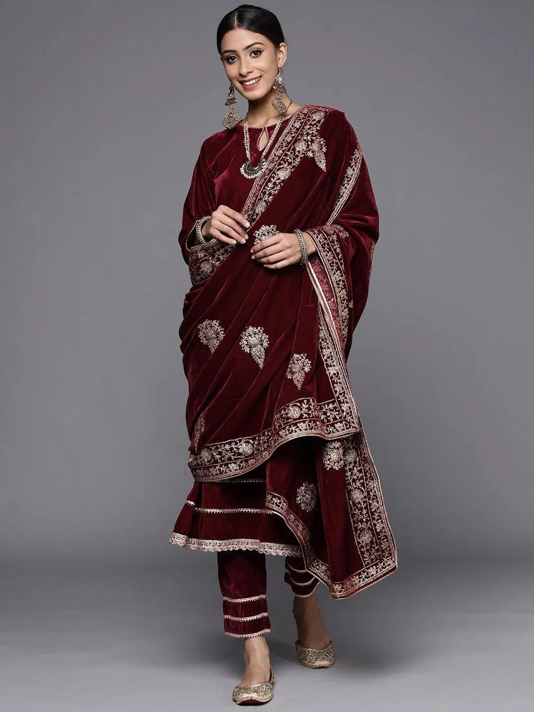 Maroon Solid Velvet Suit Set - Jashvi