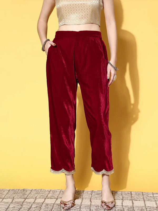 Maroon Solid Velvet Trousers - Jashvi