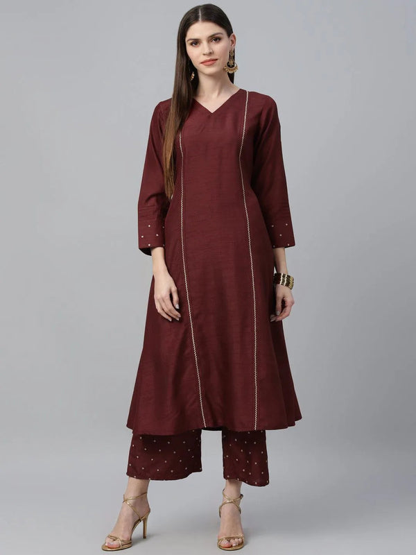 Maroon Striped Polyester Kurta Set - Jashvi