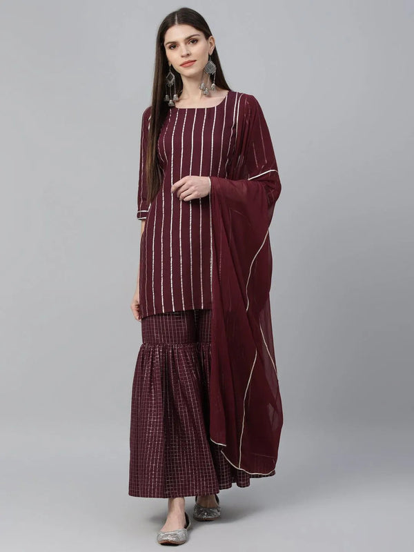 Maroon Striped Polyester Suit Set - Jashvi