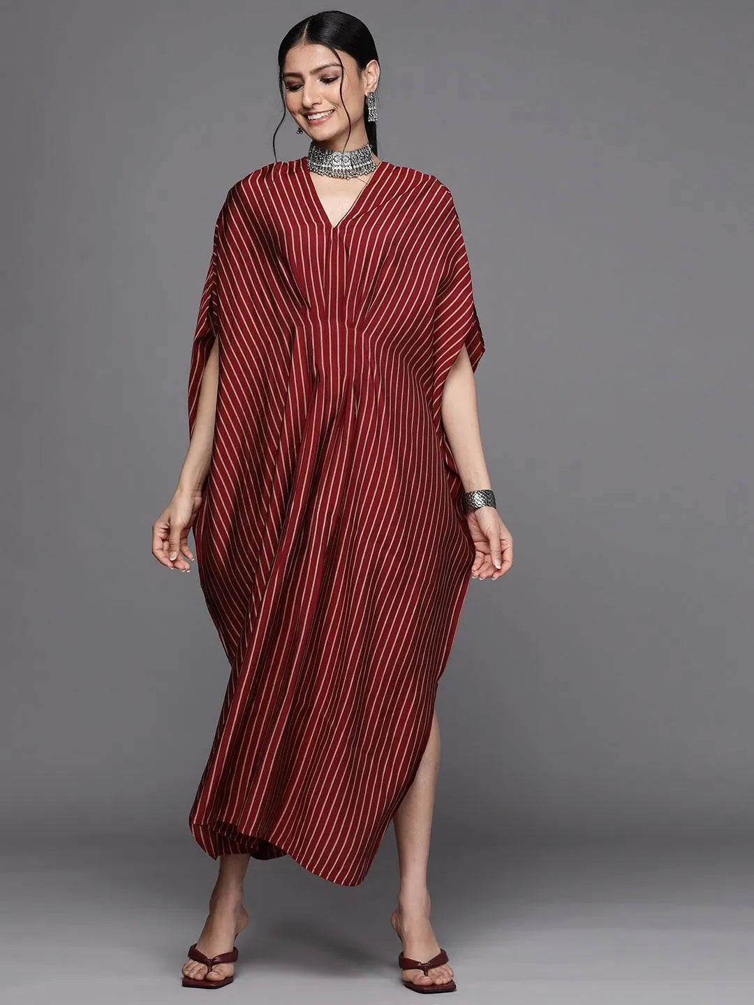 Maroon Striped Silk Dress - Jashvi