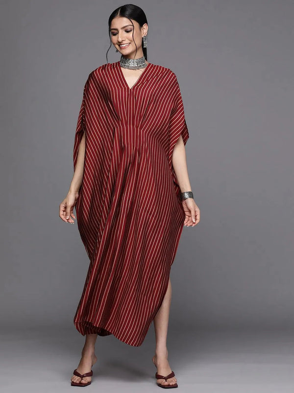 Maroon Striped Silk Dress - Jashvi