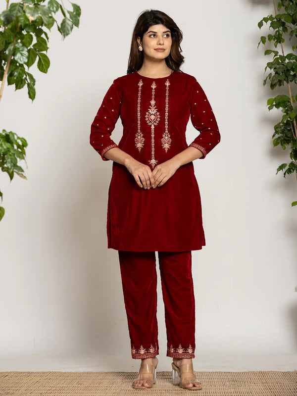 Maroon Velvet Embroidered Co-Ord Set With Cotton Lining