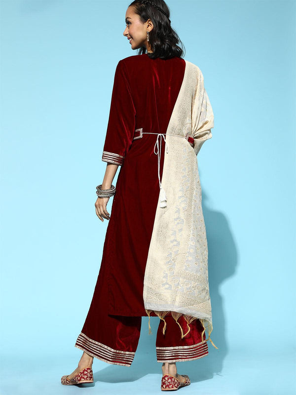 Women's Maroon Velvet Straight Kurta Palazzo With Dupatta And Belt Set - Odette