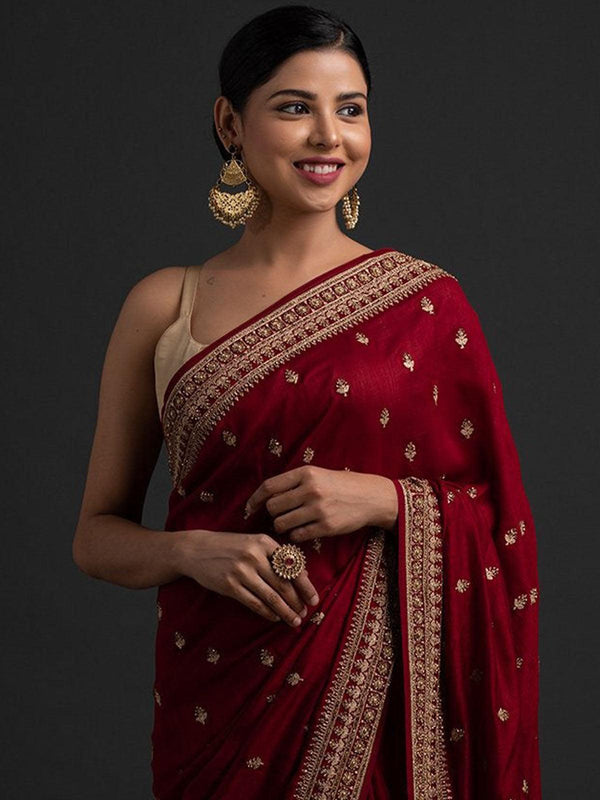 Women's Maroon Beautifully Embroidered Wedding Saree - Odette