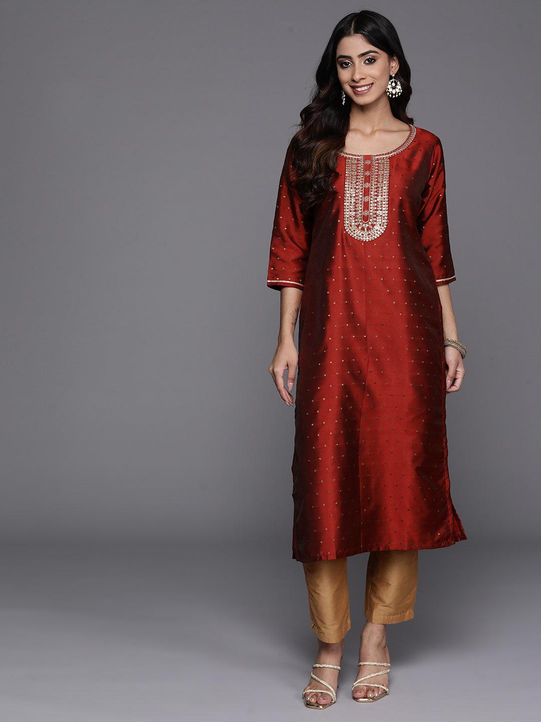 Maroon Woven Design Art Silk Straight Kurta - Jashvi