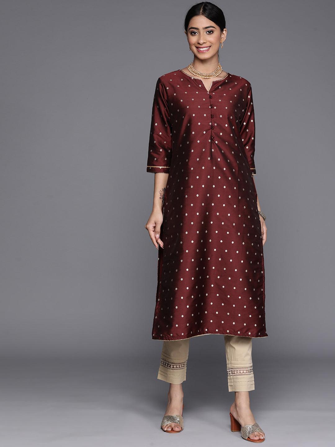 Maroon Woven Design Art Silk Straight Kurta - Jashvi