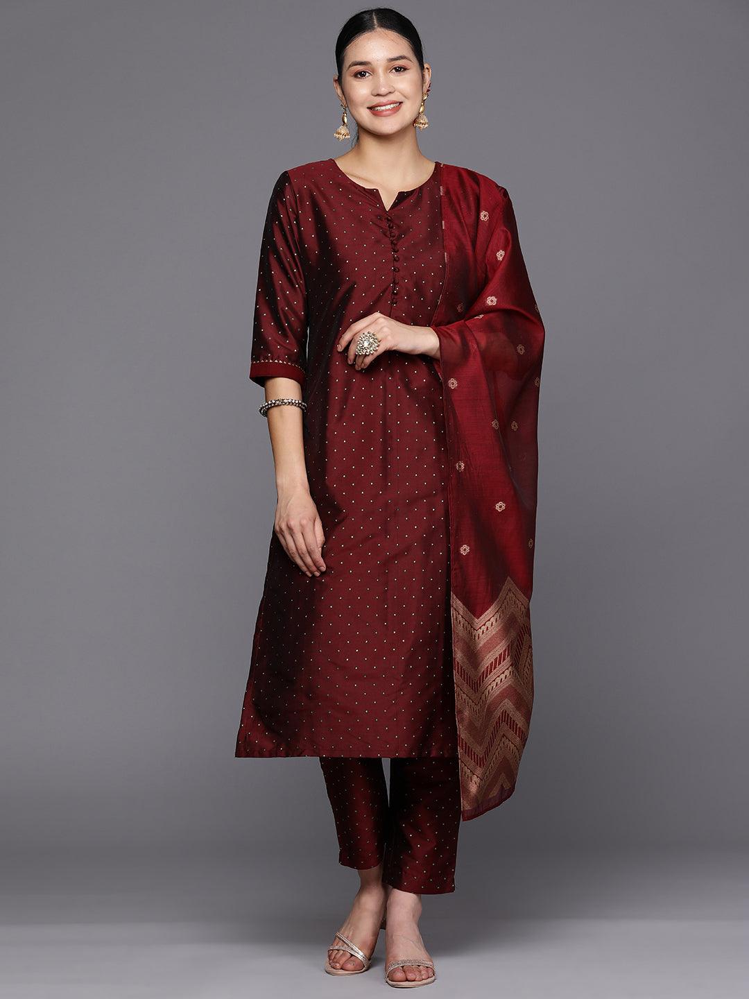 Maroon Woven Design Art Silk Straight Suit Set With Trousers - Jashvi