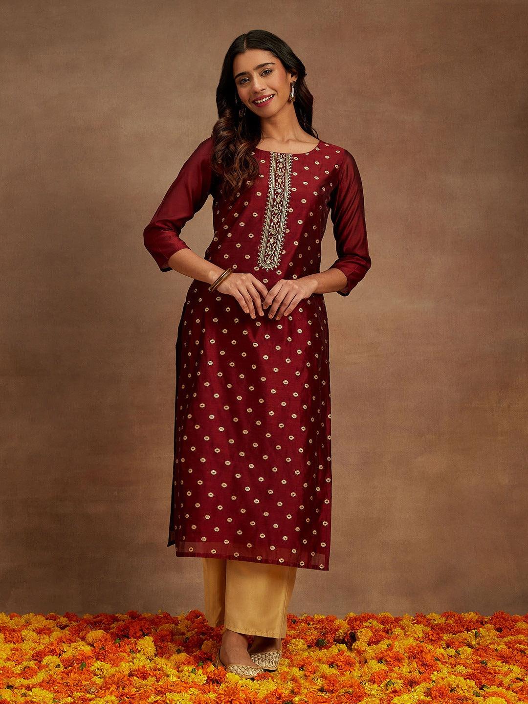 Maroon Woven Design Chanderi Silk Straight Kurta - Jashvi