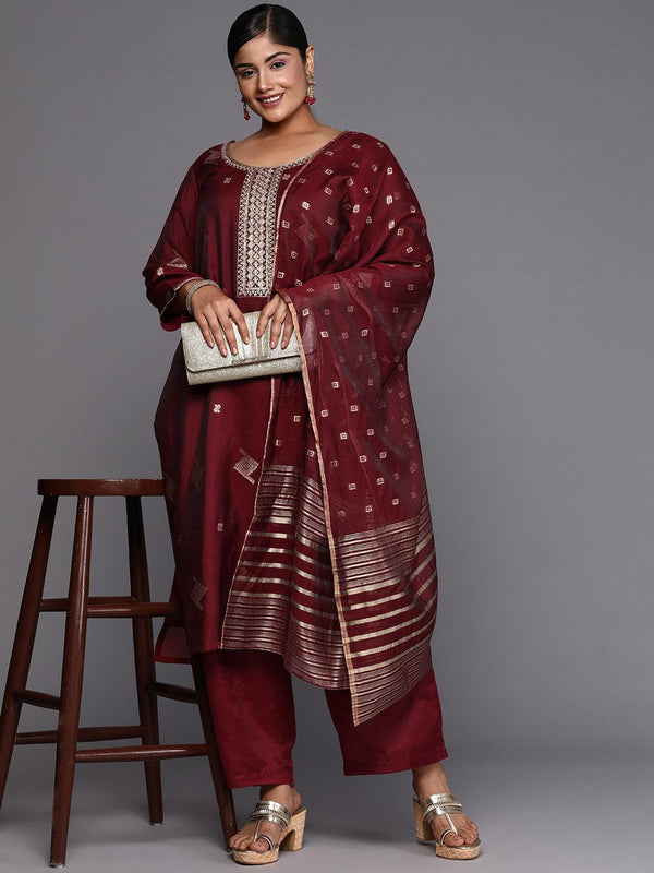 Maroon Woven Design Chanderi Silk Straight Kurta With Trousers & Dupatta - Jashvi