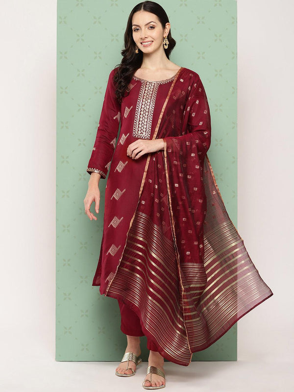 Maroon Woven Design Chanderi Silk Straight Kurta With Trousers & Dupatta - Jashvi