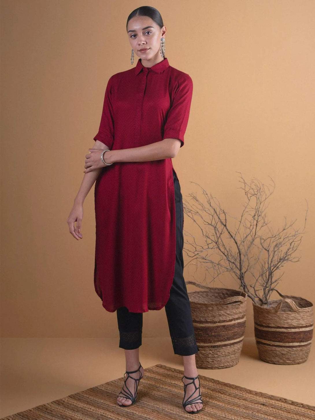 Maroon Woven Design Rayon Kurta - Jashvi