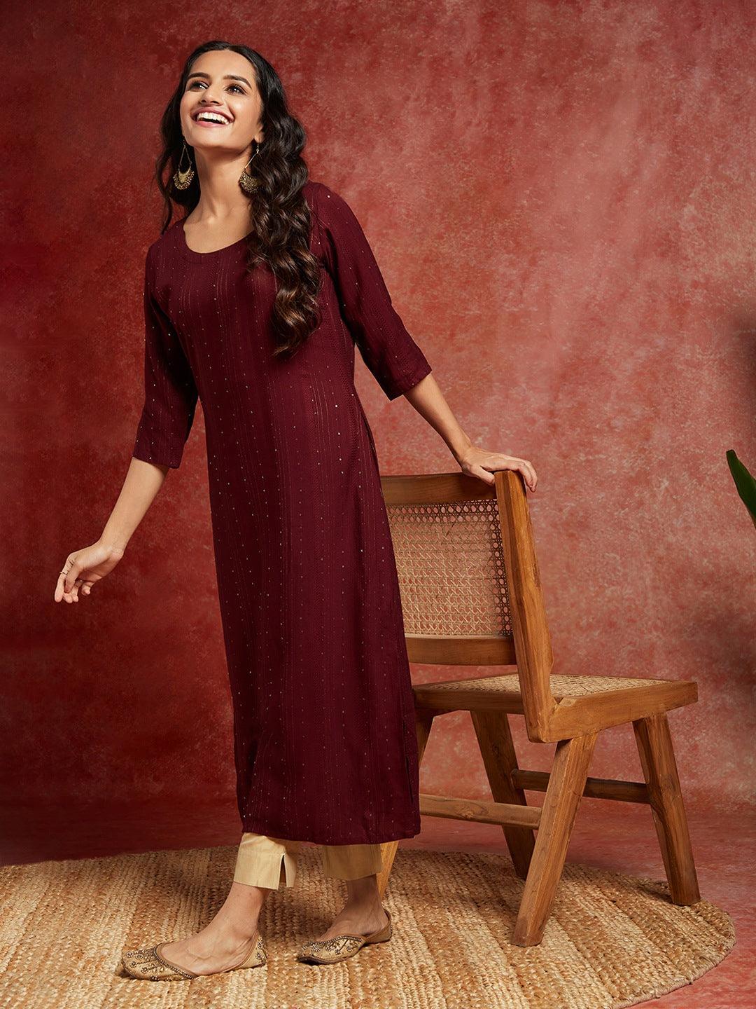 Maroon Woven Design Rayon Straight Kurta - Jashvi