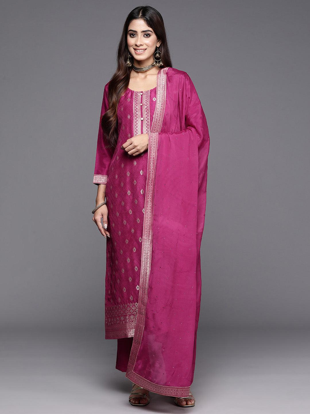 Maroon Woven Design Silk Blend Straight Kurta With Trousers & Dupatta - Jashvi