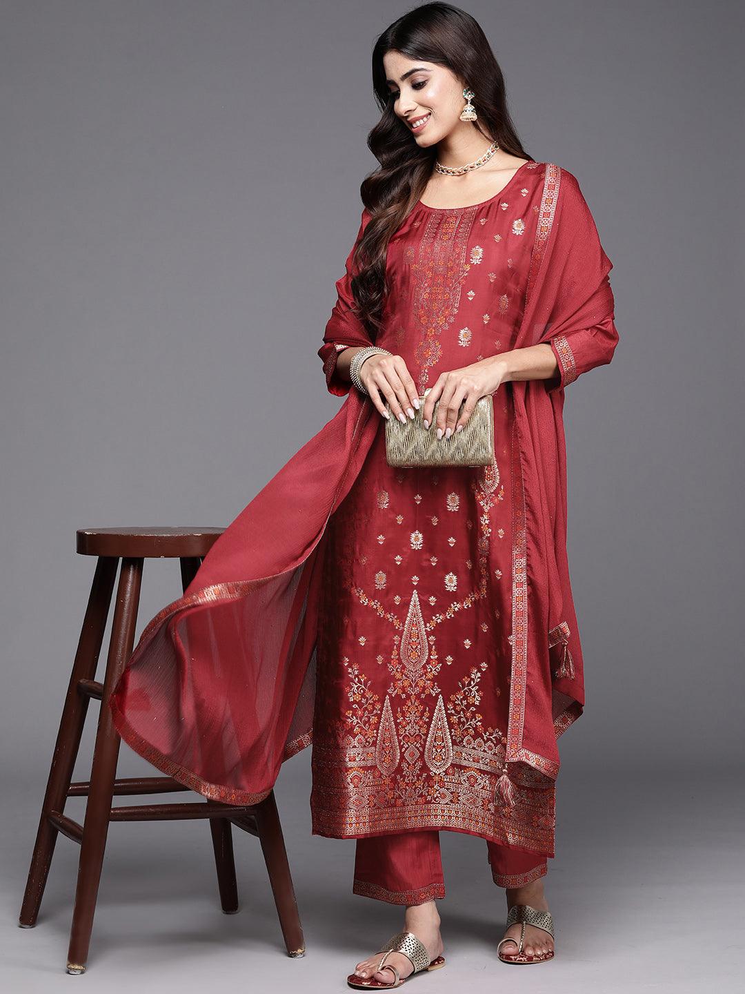 Maroon Woven Design Silk Blend Straight Kurta With Trousers & Dupatta - Jashvi