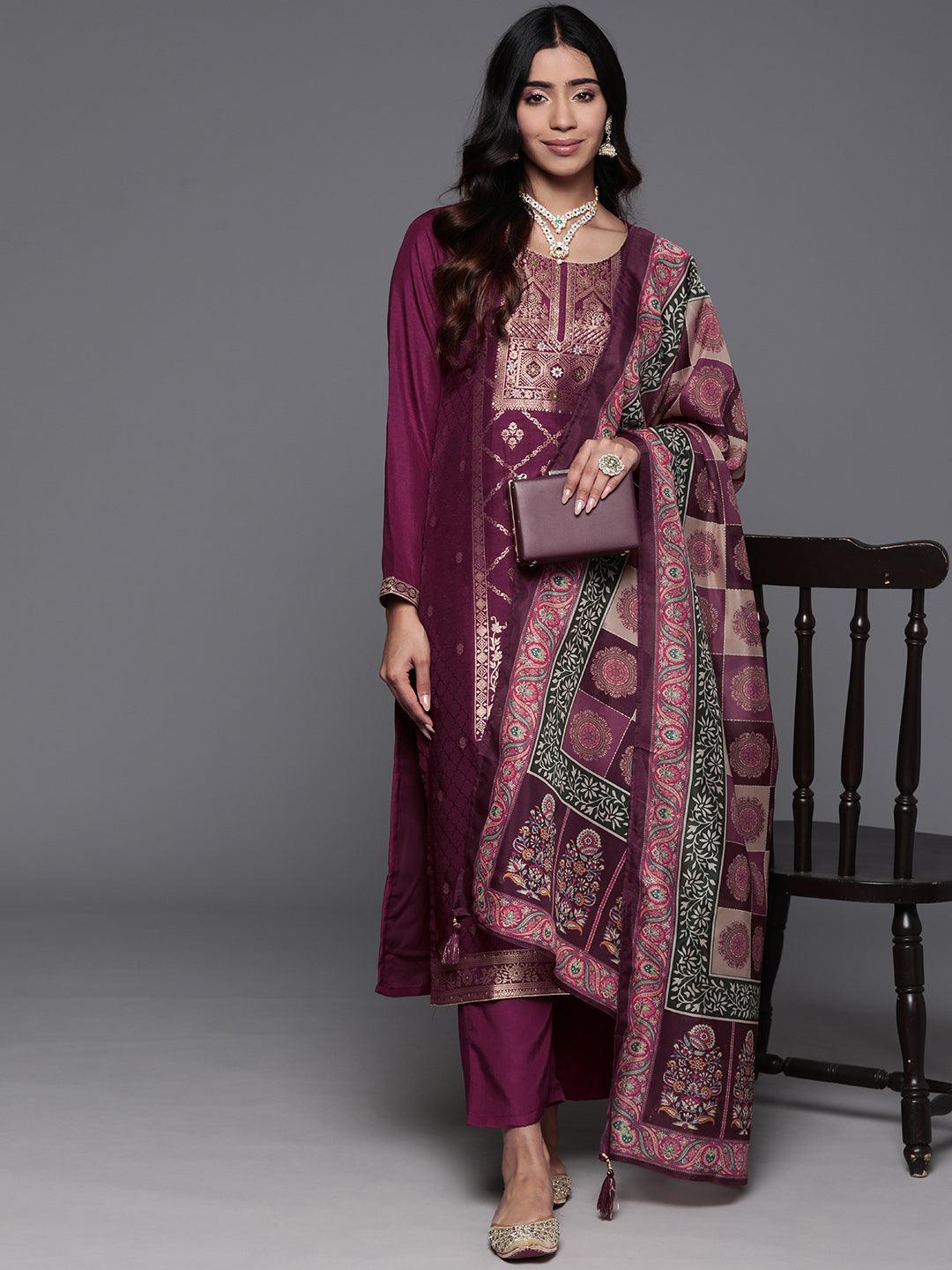 Maroon Woven Design Silk Blend Straight Kurta With Trousers & Dupatta - Jashvi