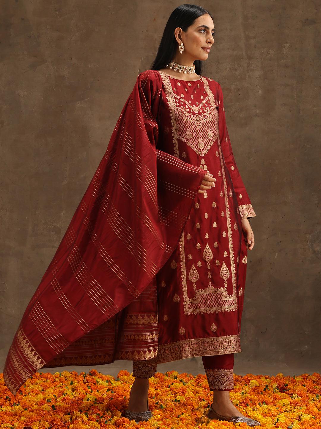 Maroon Woven Design Silk Blend Straight Suit Set With Trousers - Jashvi