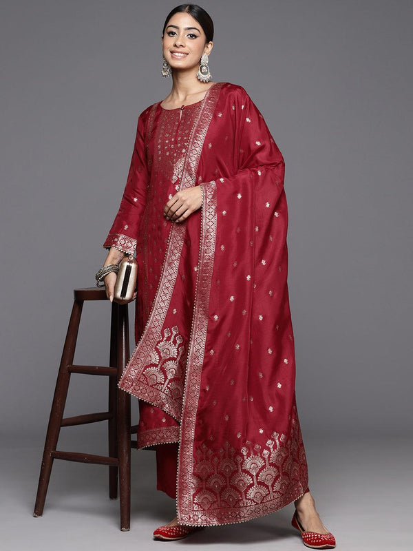 Maroon Woven Design Silk Straight Kurta With Trousers & Dupatta - Jashvi