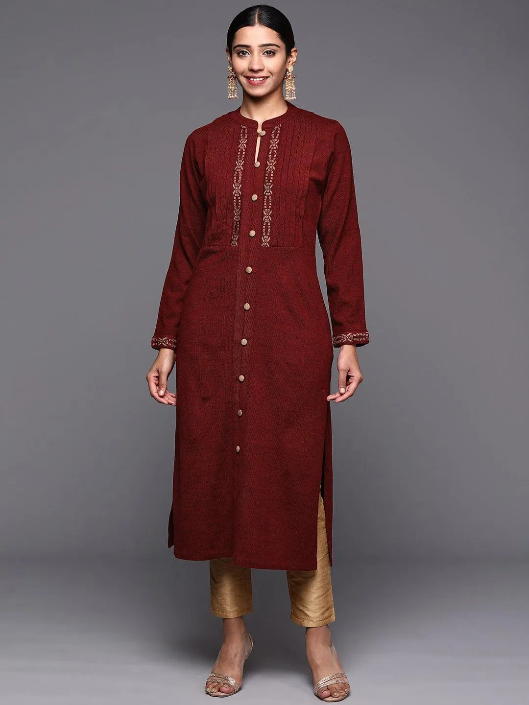 Maroon Woven Design Wool Straight Kurta - Jashvi