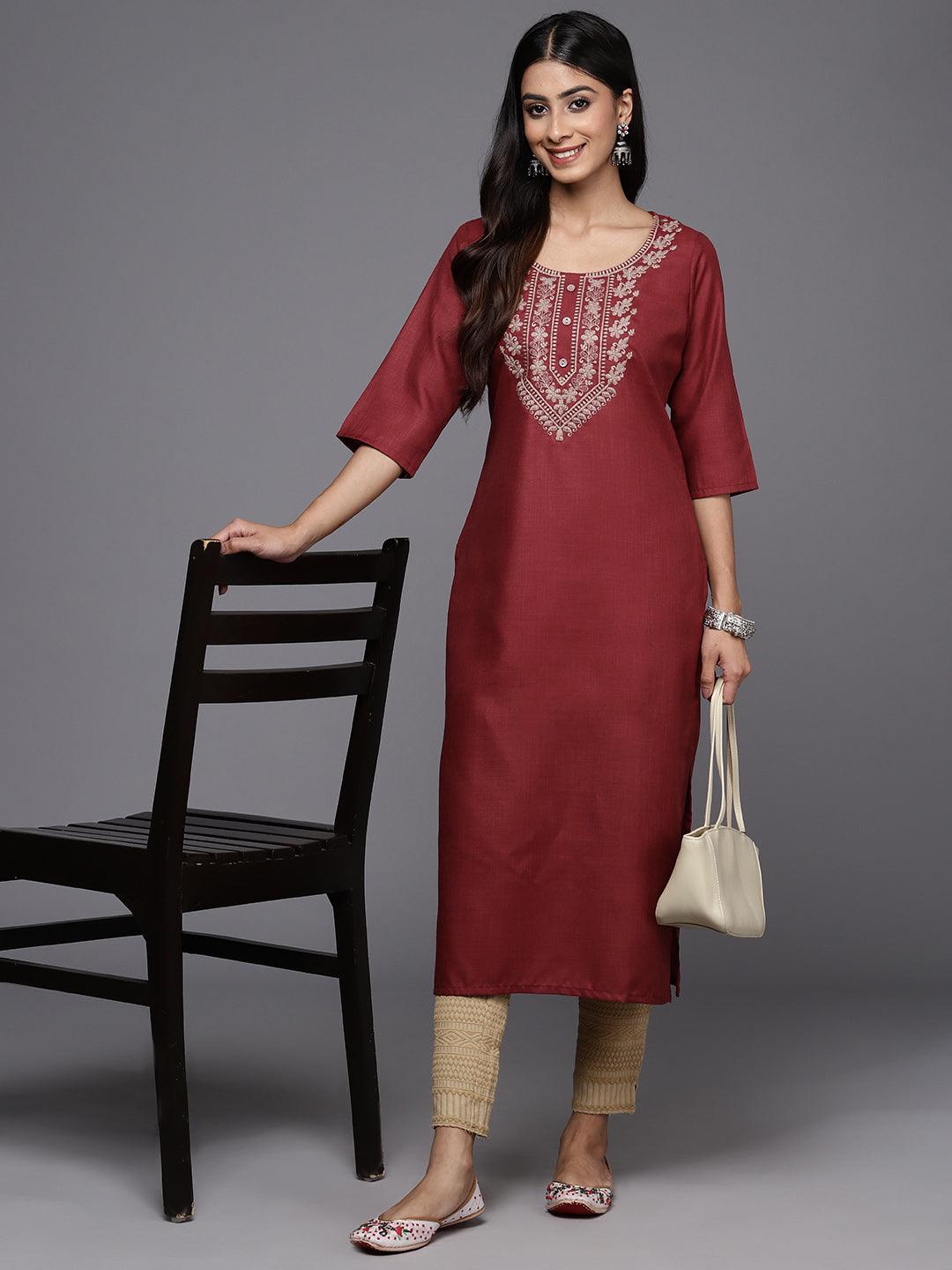 Maroon Yoke Design Cotton Straight Kurta - Jashvi