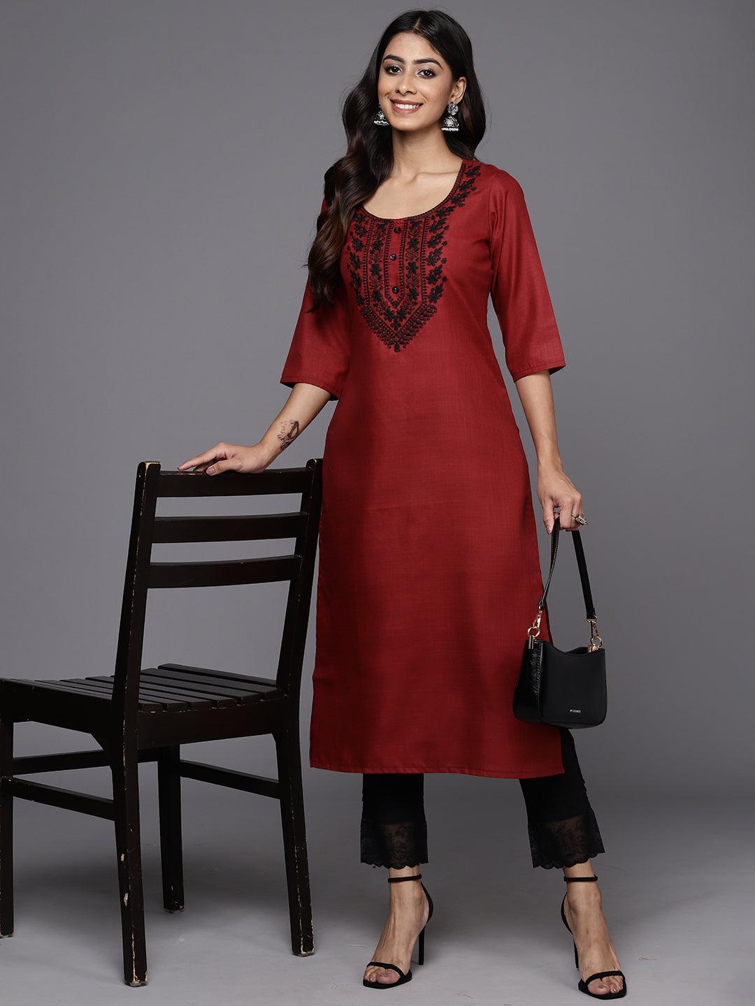 Maroon Yoke Design Cotton Straight Kurta - Jashvi