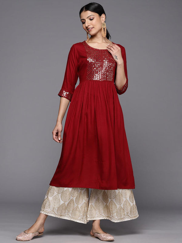 Maroon Yoke Design Rayon A-Line Kurta - Jashvi