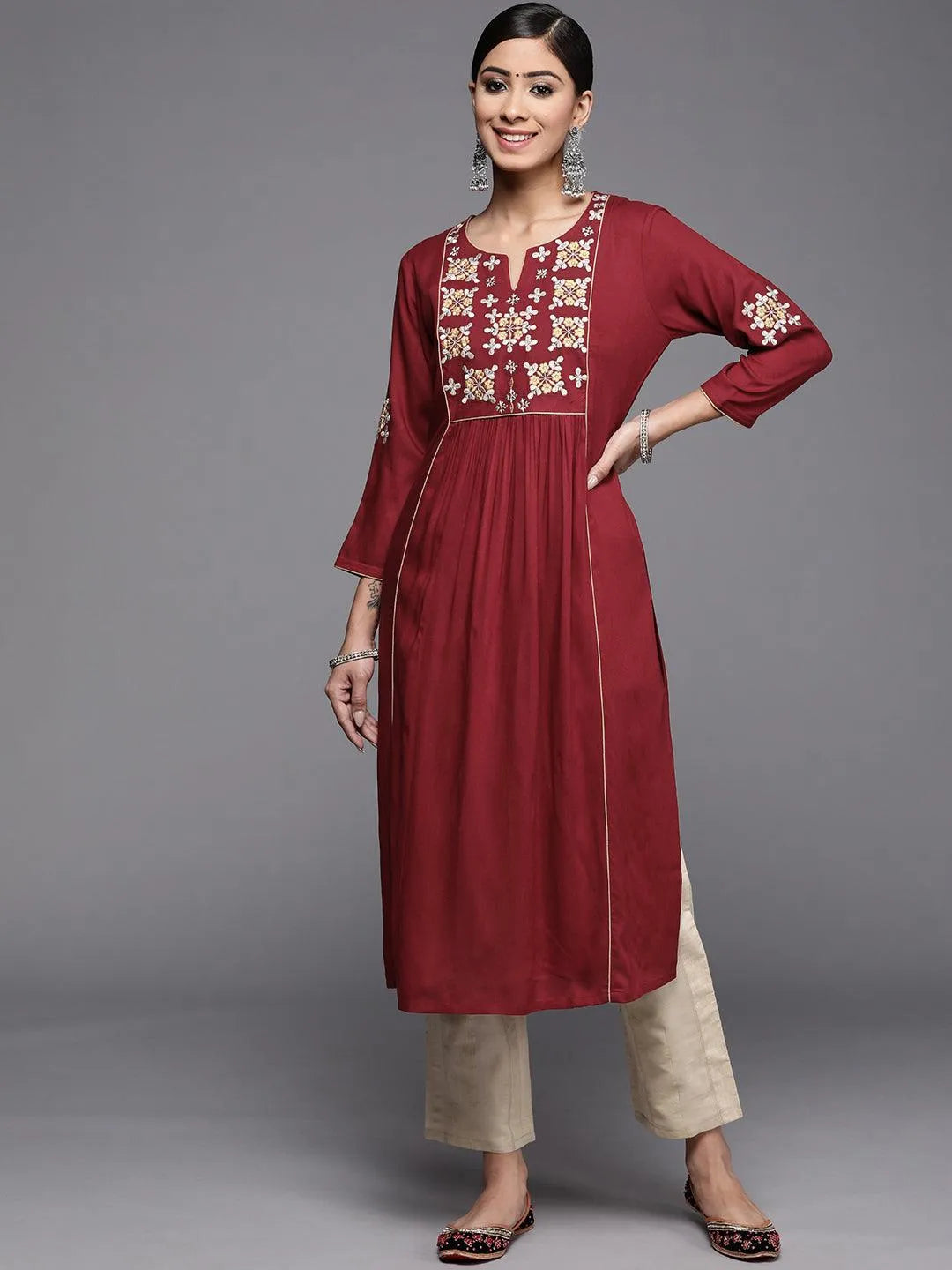 Maroon Yoke Design Rayon Kurta - Jashvi