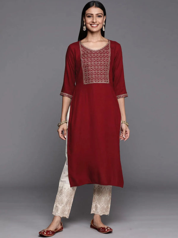 Maroon Yoke Design Rayon Straight Kurta - Jashvi