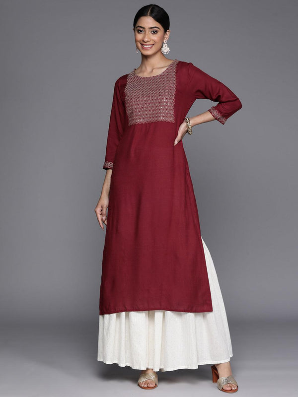 Maroon Yoke Design Rayon Straight Kurta - Jashvi