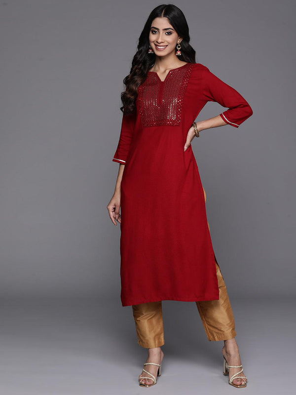 Maroon Yoke Design Rayon Straight Kurta - Jashvi