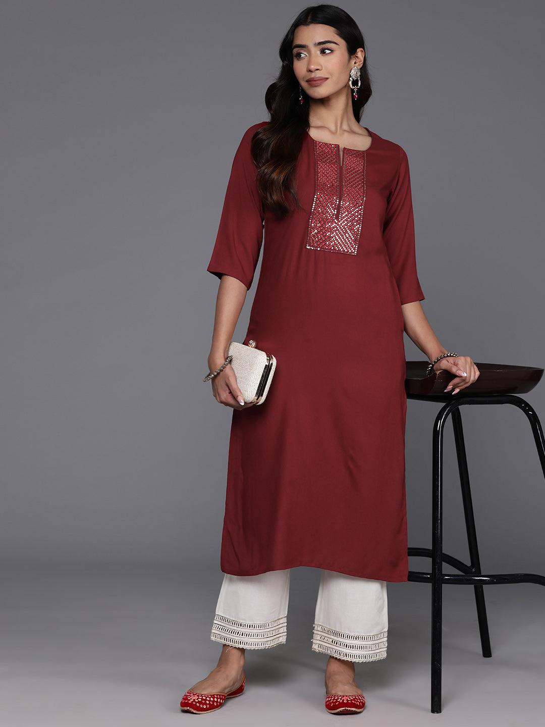 Maroon Yoke Design Rayon Straight Kurta - Jashvi