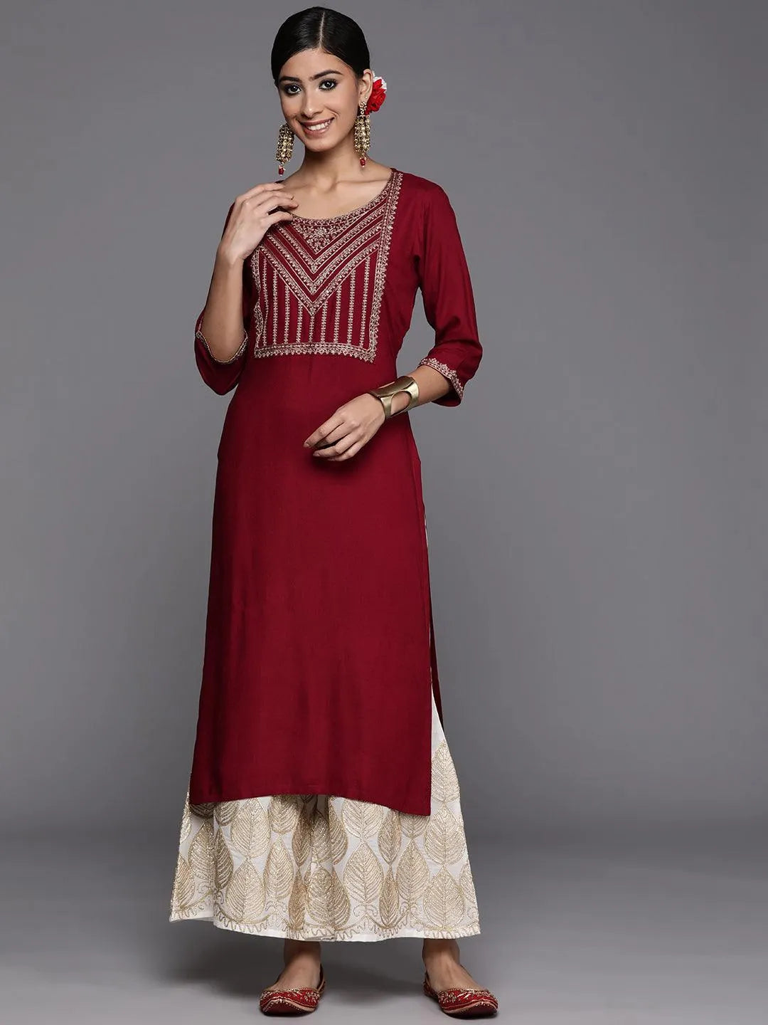 Maroon Yoke Design Rayon Straight Kurta - Jashvi