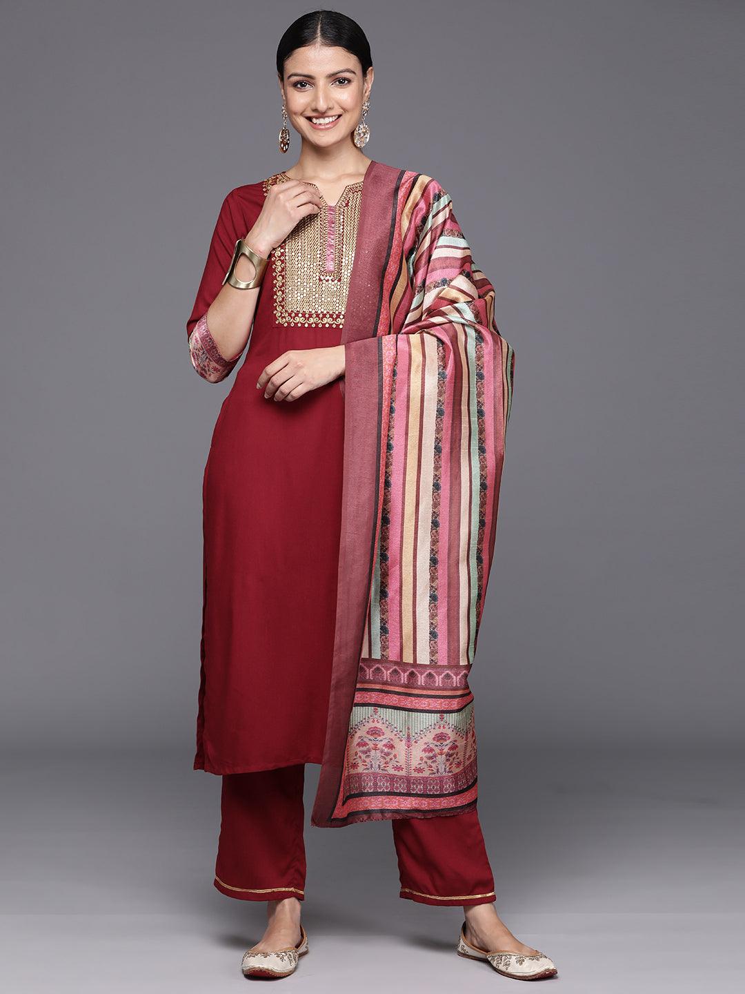 Maroon Yoke Design Rayon Straight Kurta With Trousers & Dupatta - Jashvi