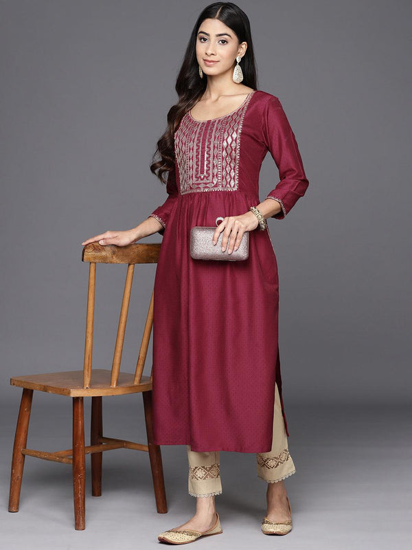 Maroon Yoke Design Silk A-Line Kurta - Jashvi