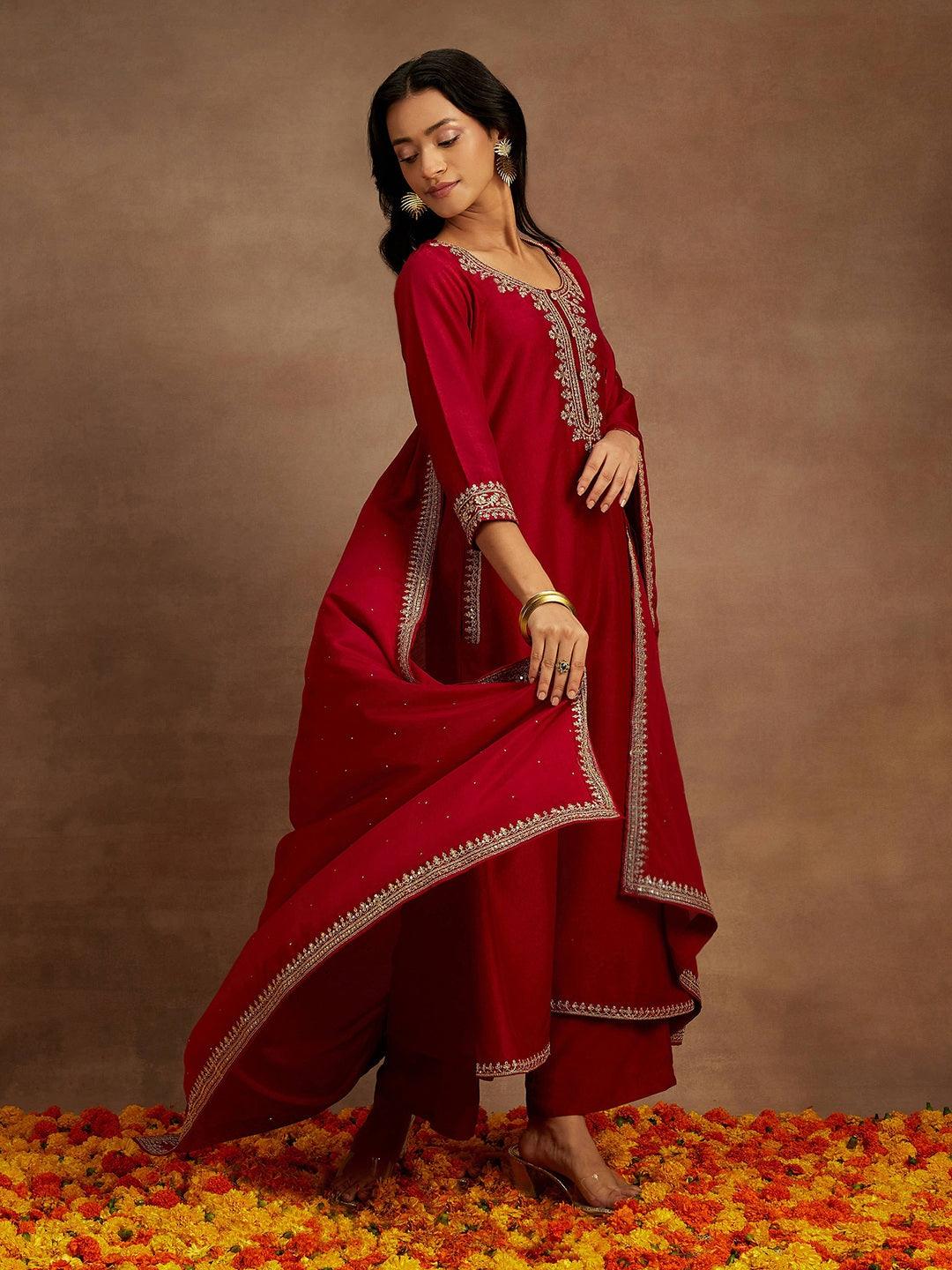 Maroon Yoke Design Silk Blend A-Line Kurta With Palazzos & Dupatta - Jashvi