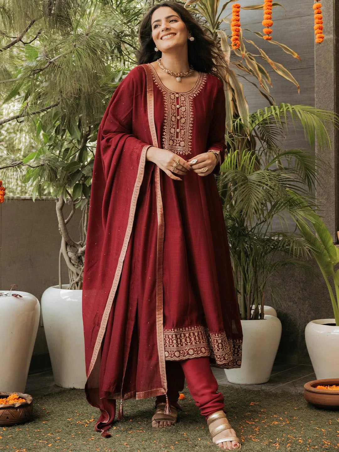 Maroon Yoke Design Silk Blend Anarkali Suit Set - Jashvi