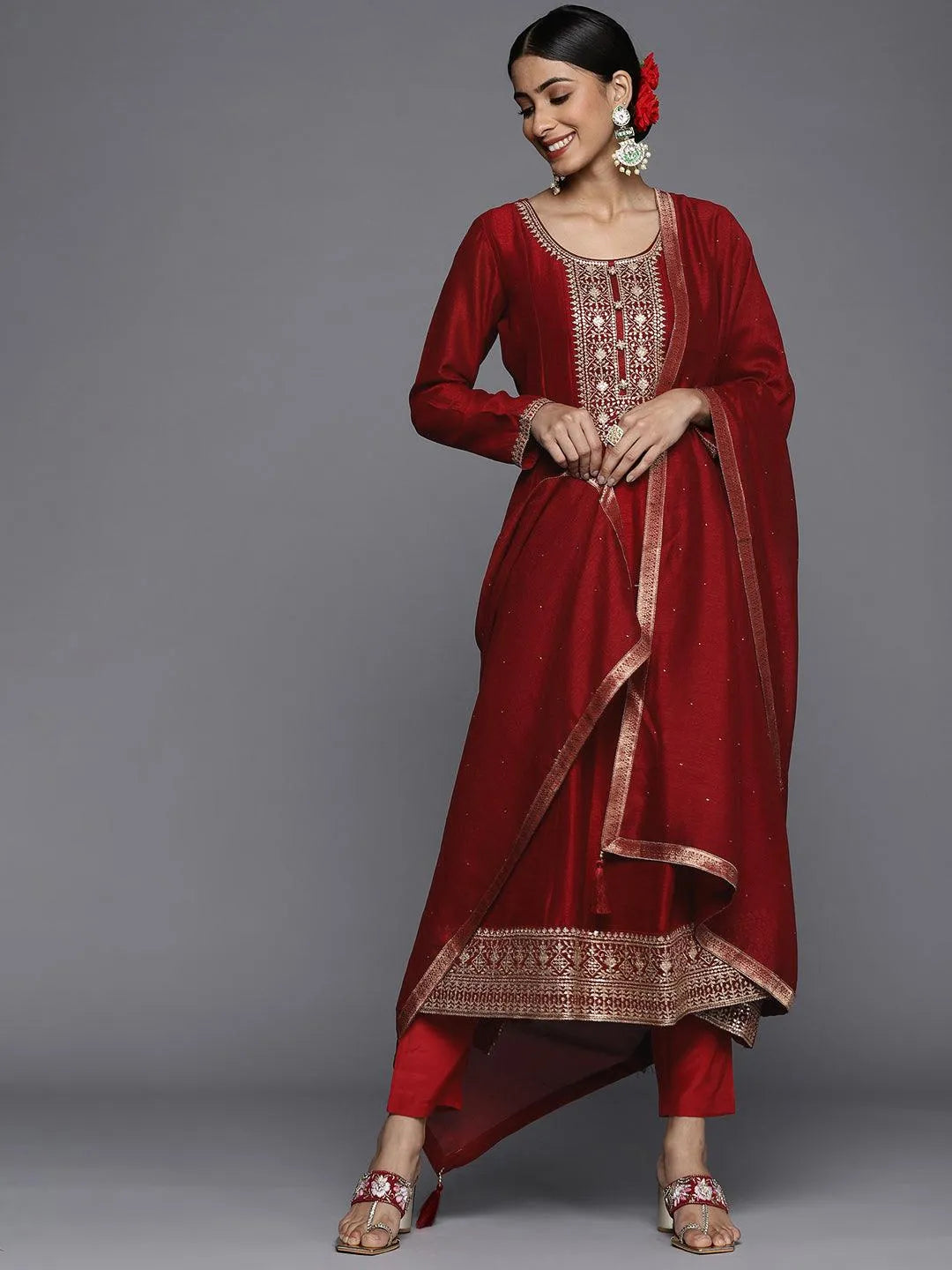 Maroon Yoke Design Silk Blend Anarkali Suit Set - Jashvi