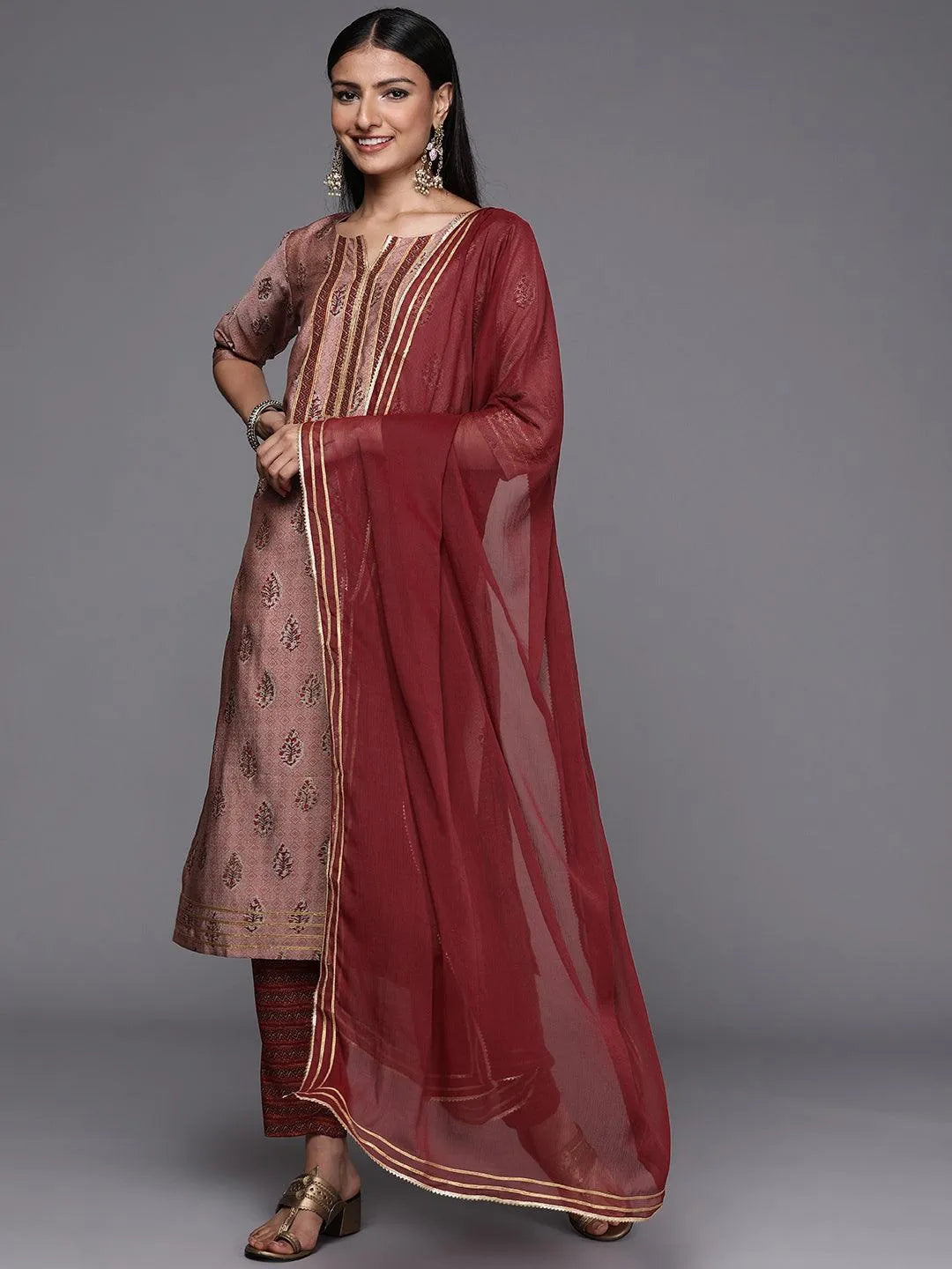 Maroon Yoke Design Silk Blend Straight Suit Set - Jashvi